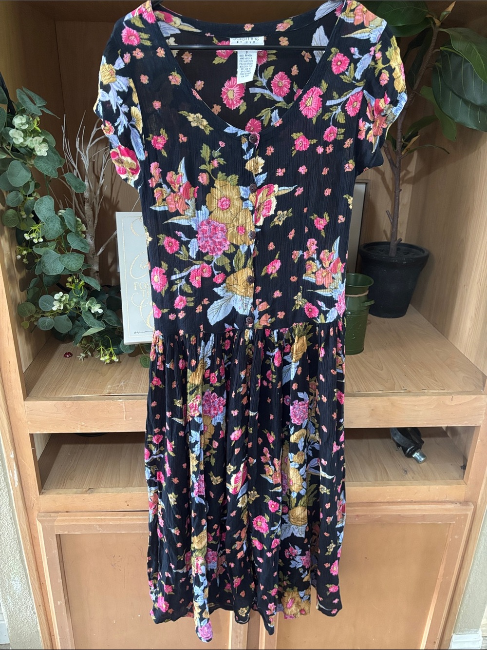 Vintage 90s Jasmine by KVM Black Floral Rayon Midi Dress Small
